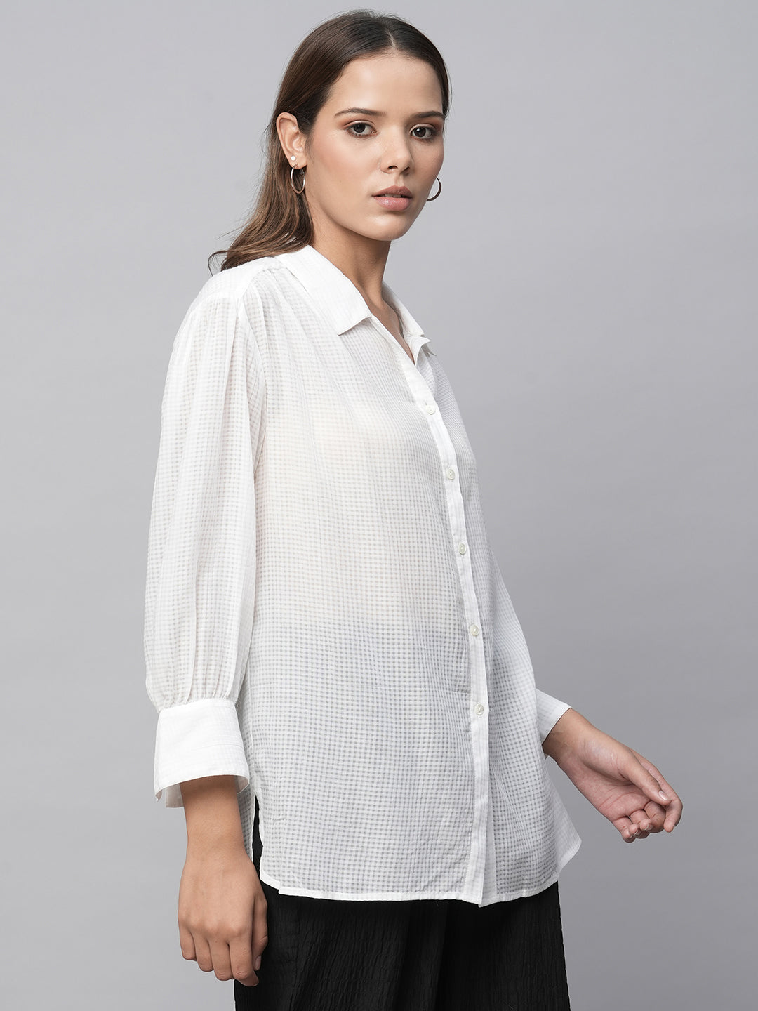 Modal Check Dobby Drop Shoulder Longline Romantic Shirt