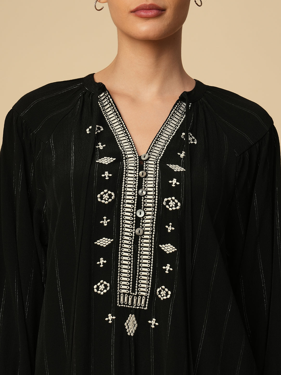 LUREX CREPE EMBROIDERED TUNIC DRESS