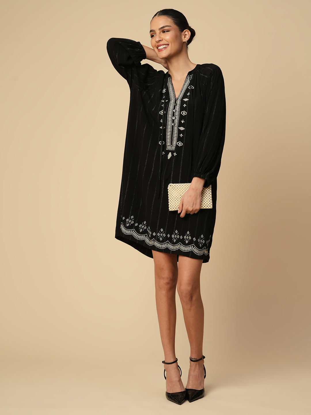 LUREX CREPE EMBROIDERED TUNIC DRESS