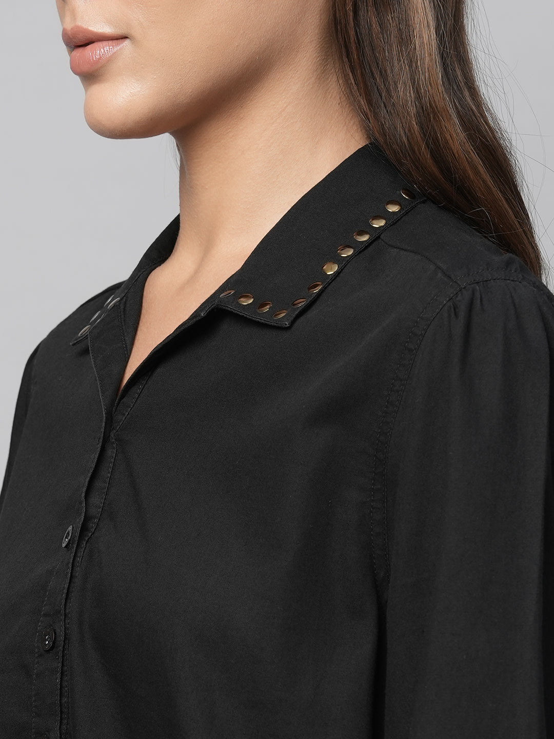 Studded Collar Denim Pop Over Shirt Dress