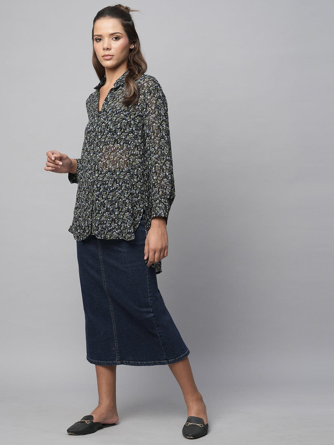 Printed Viscose Georgette Longline Dress Up Shirt