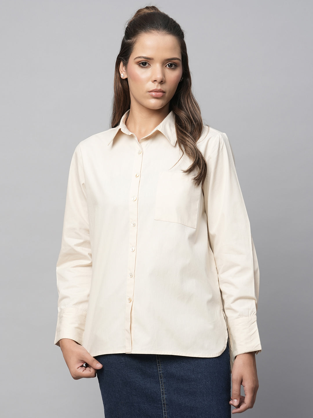 Crisp Poplin Shirt With Hi Low Hemline