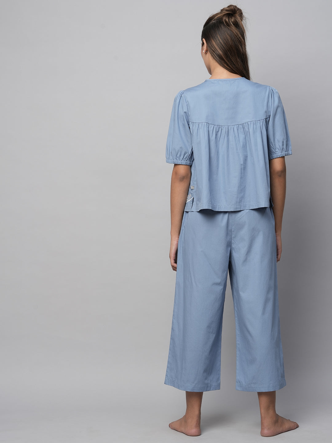 Crisp Cotton Poplin Embriodered Swing Top And Wide Leg Lounge set