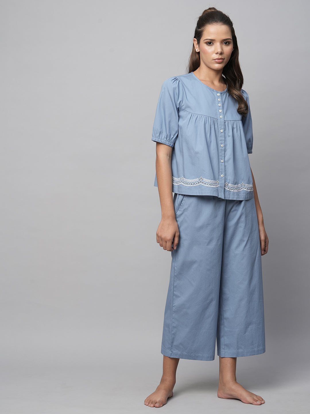 Crisp Cotton Poplin Embriodered Swing Top And Wide Leg Lounge set