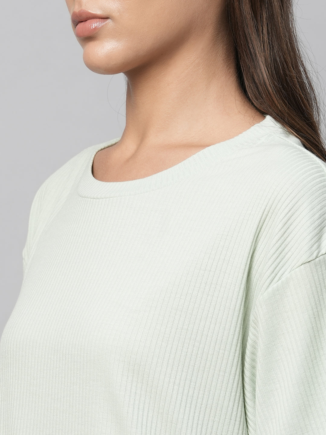 Ribbed Knit Drop Shoulder Longline Tee And Cropped Pj Lounge Set