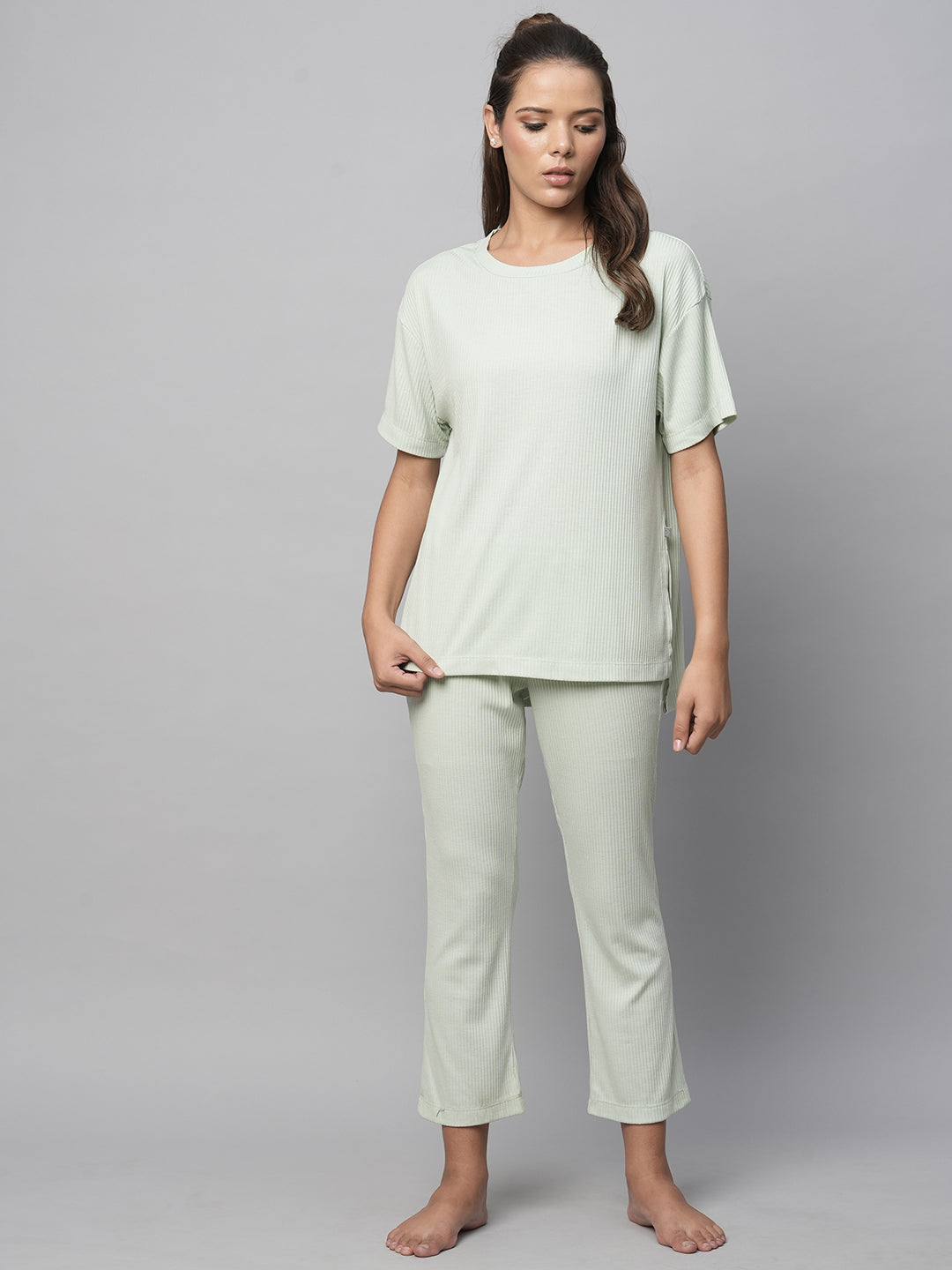 Ribbed Knit Drop Shoulder Longline Tee And Cropped Pj Lounge Set