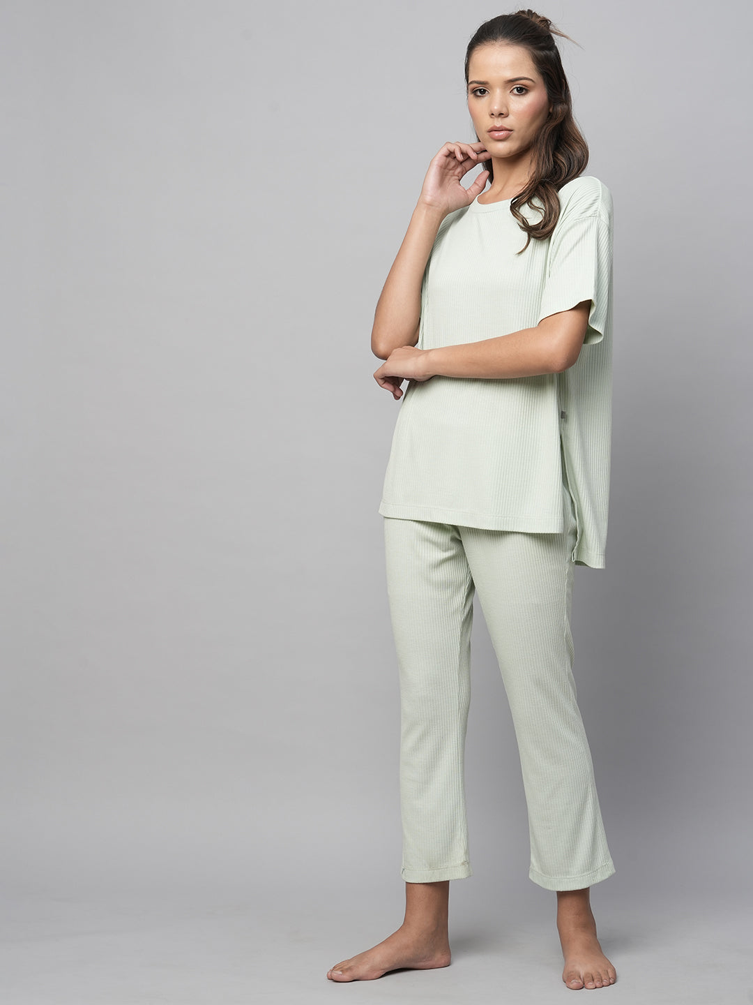 Ribbed Knit Drop Shoulder Longline Tee And Cropped Pj Lounge Set