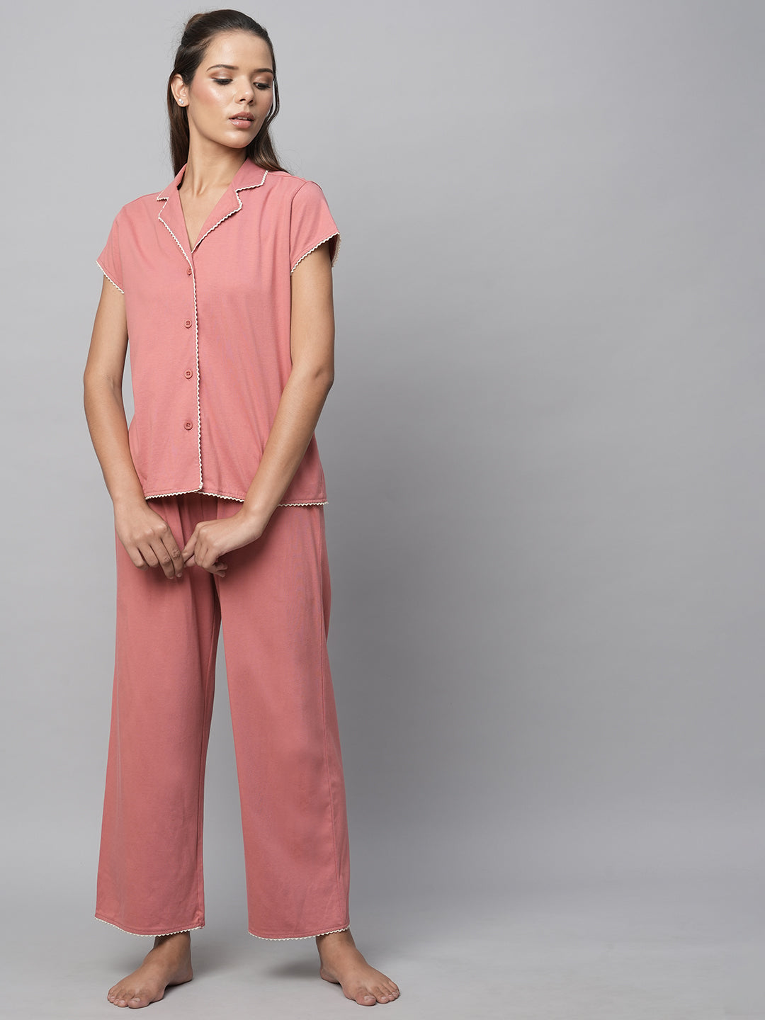Cotton Viscose Jersey Ric Rac Trimmed Pj Shirt & Pj Set