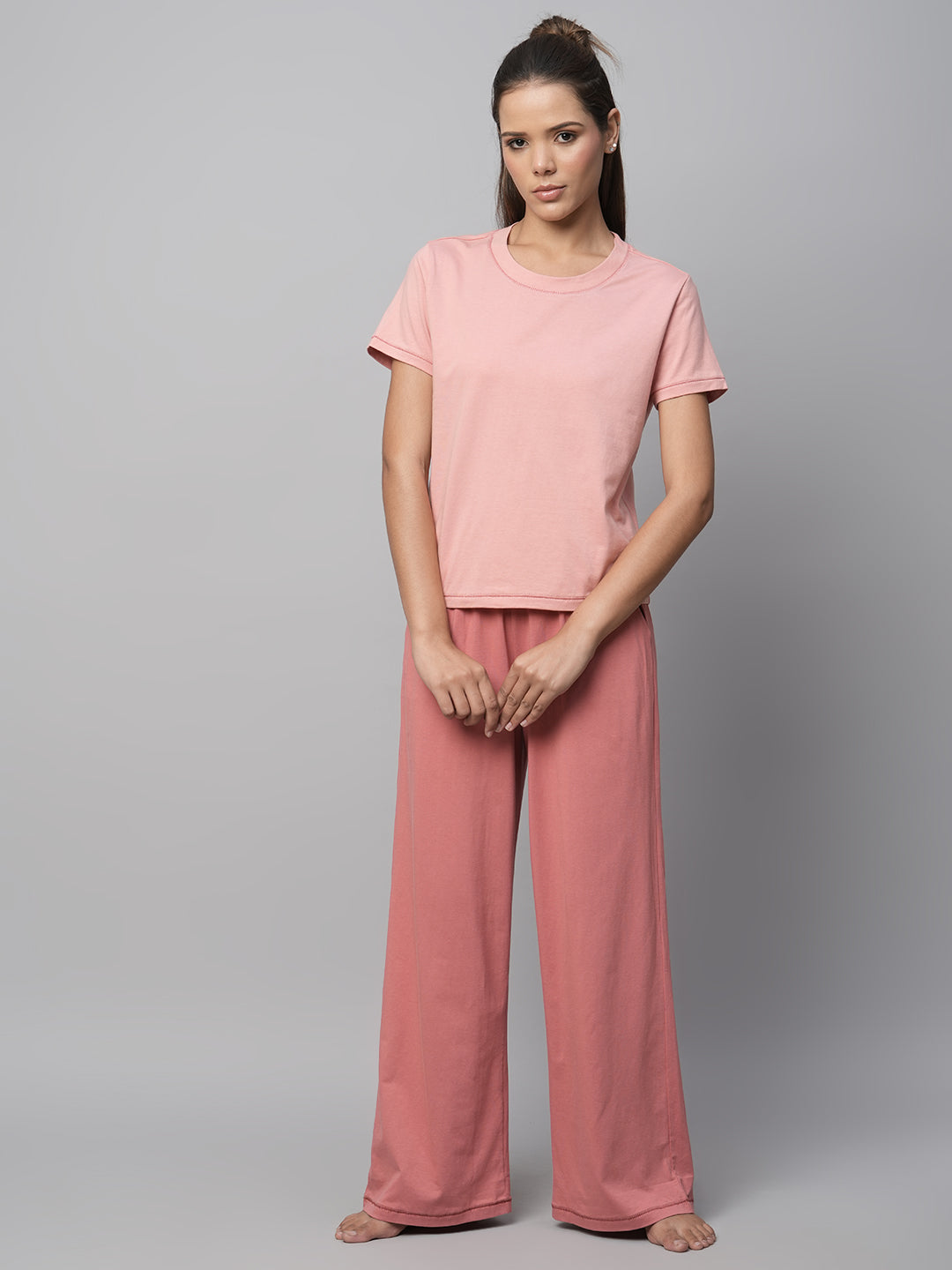 Cotton Viscose Cropped Tee And Wide Leg Nightsuit