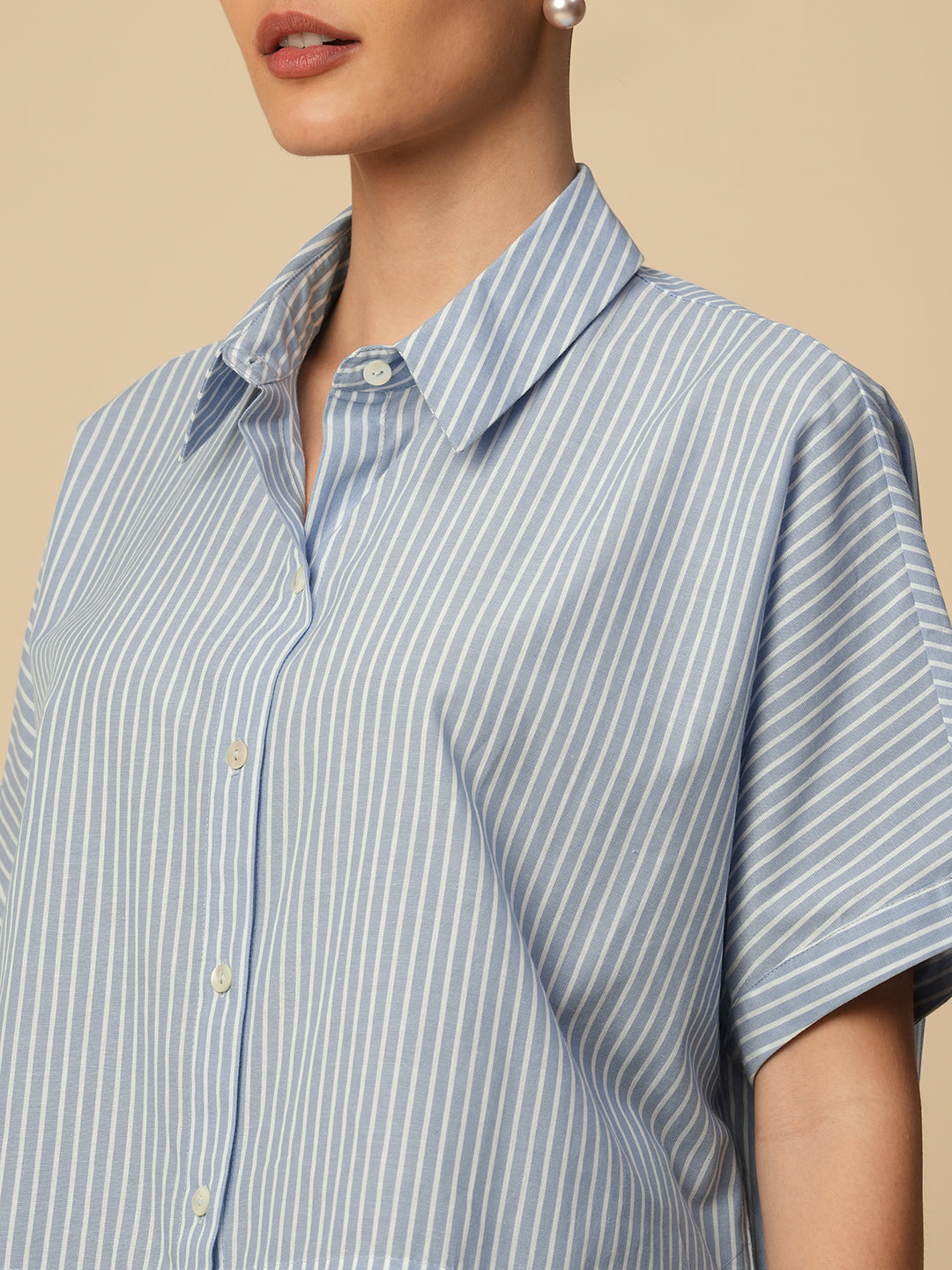 COTTON STRIPED OVERSIZED SHIRT W/ HIGH LOW HEMLINE