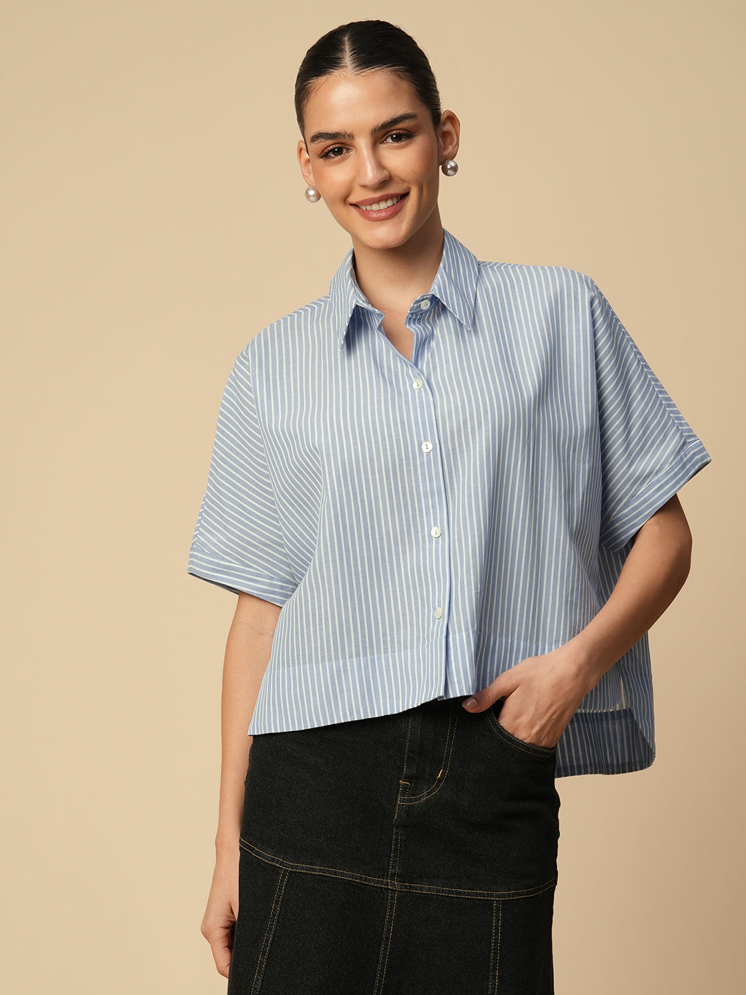 COTTON STRIPED OVERSIZED SHIRT W/ HIGH LOW HEMLINE