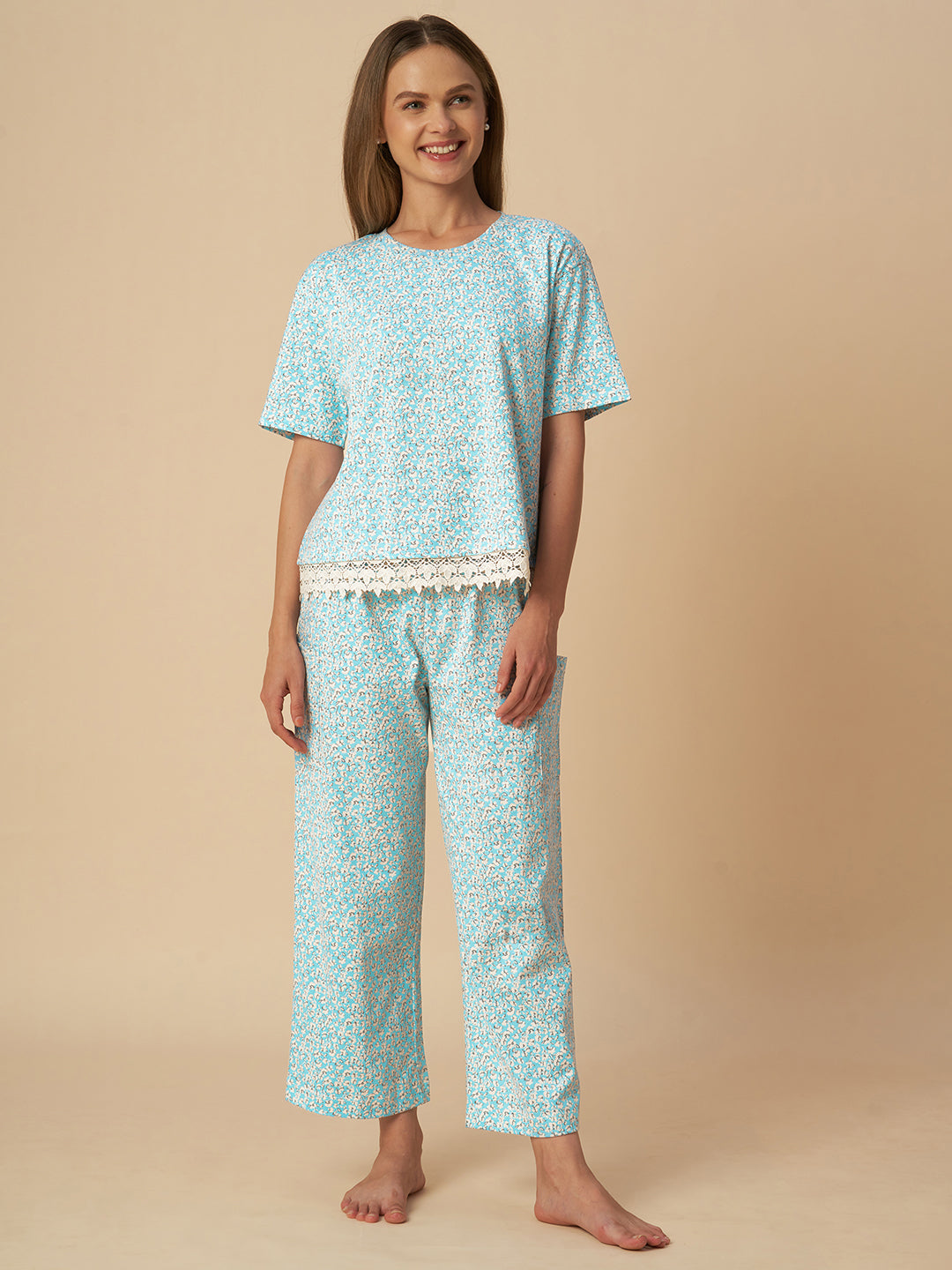 FLORAL JERSEY LACE TRIMMED NIGHTSUIT