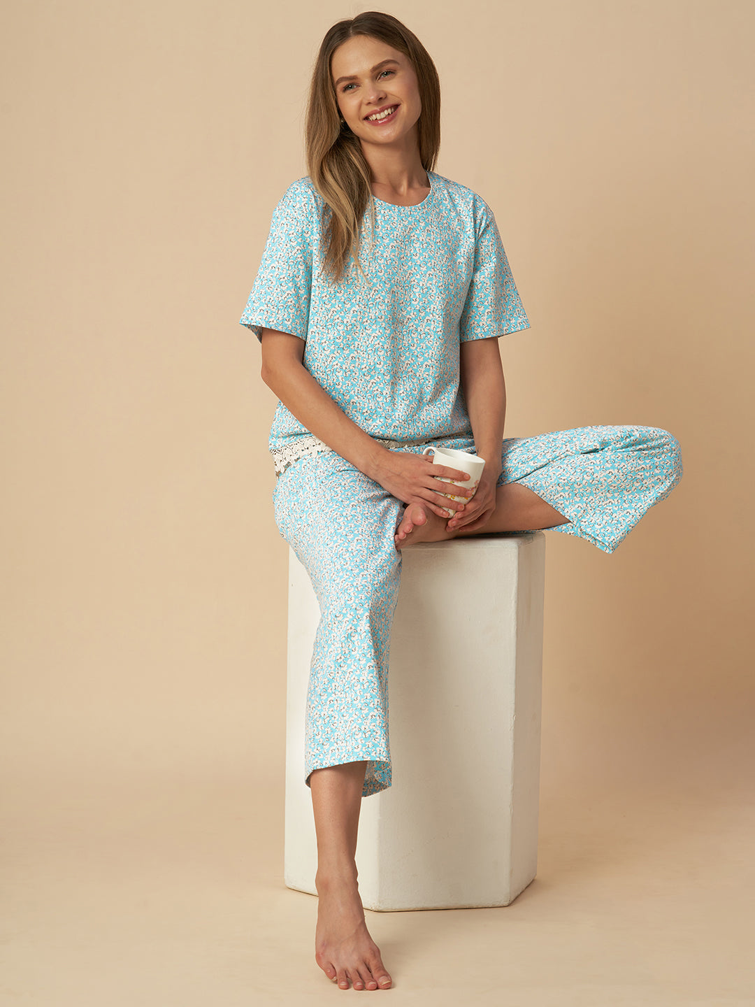 FLORAL JERSEY LACE TRIMMED NIGHTSUIT
