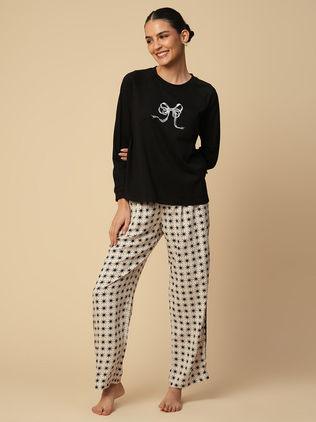 FOIL PRINTED TEE & STARBURST PRINTED VISCOSE PJ SET
