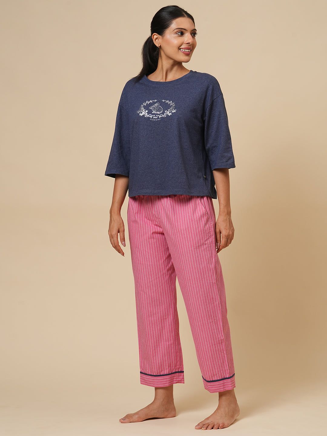 PRINTED MELANGE TEE & STRIPED PJ NIGHT SUIT