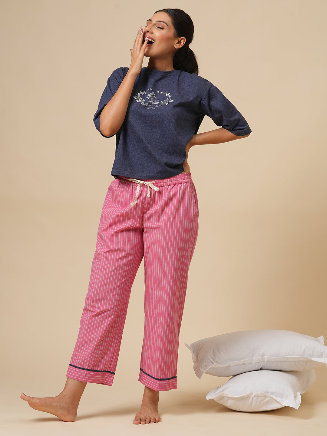 PRINTED MELANGE TEE & STRIPED PJ NIGHT SUIT