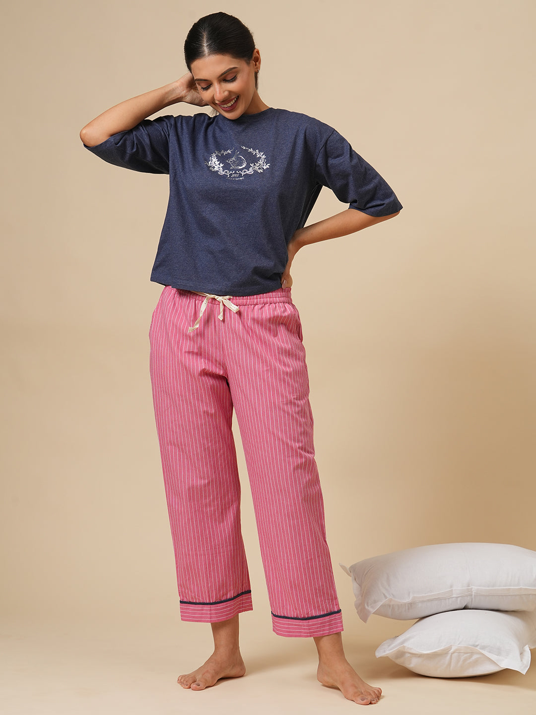 PRINTED MELANGE TEE & STRIPED PJ NIGHT SUIT