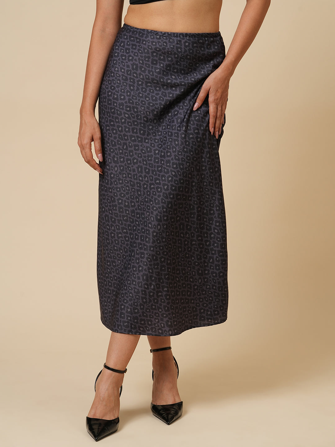 DARK LEOPARD PRINTED SATIN BIAS CUT SKIRT