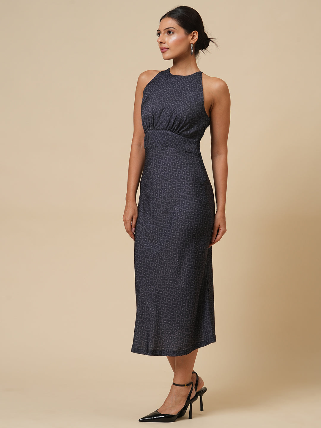 DARK LEOPARD BIAS CUT HALTER DRESS