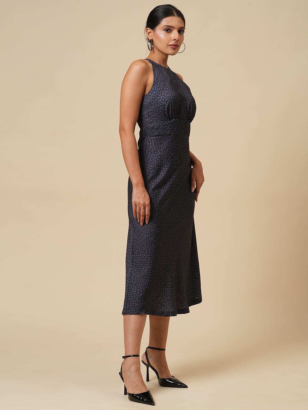 DARK LEOPARD BIAS CUT HALTER DRESS