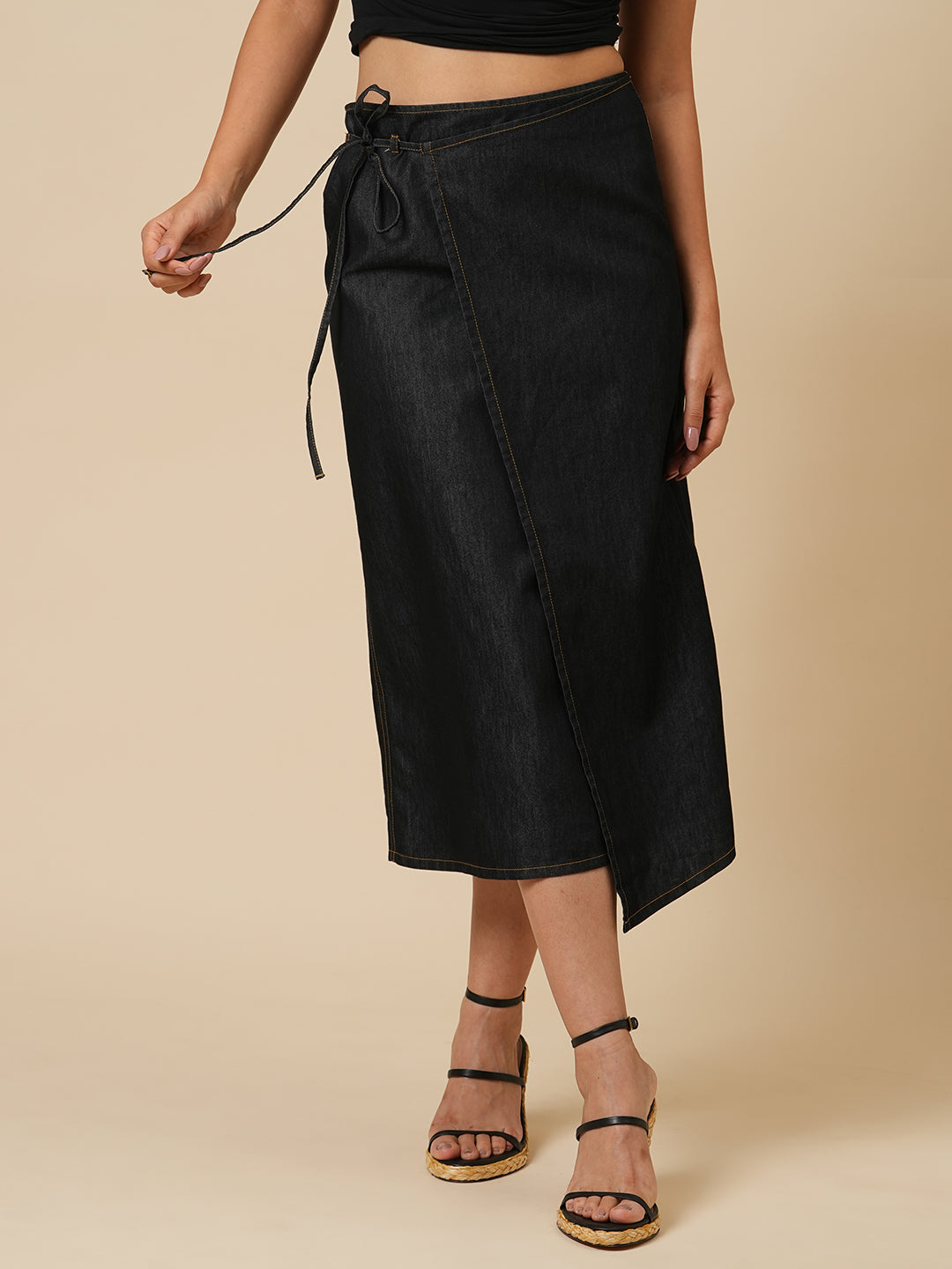 DENIM FAUX WRAP SKIRT