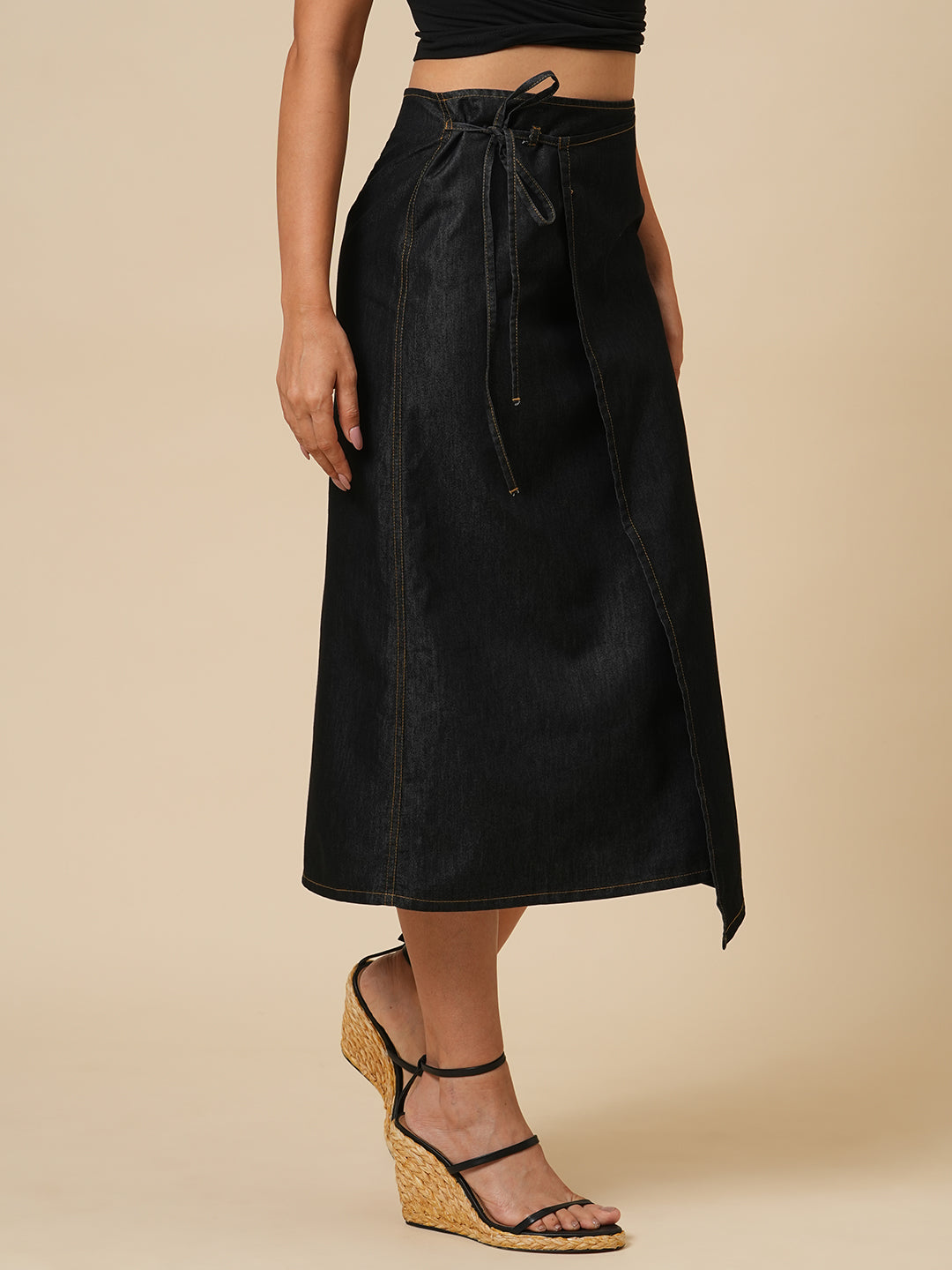 DENIM FAUX WRAP SKIRT
