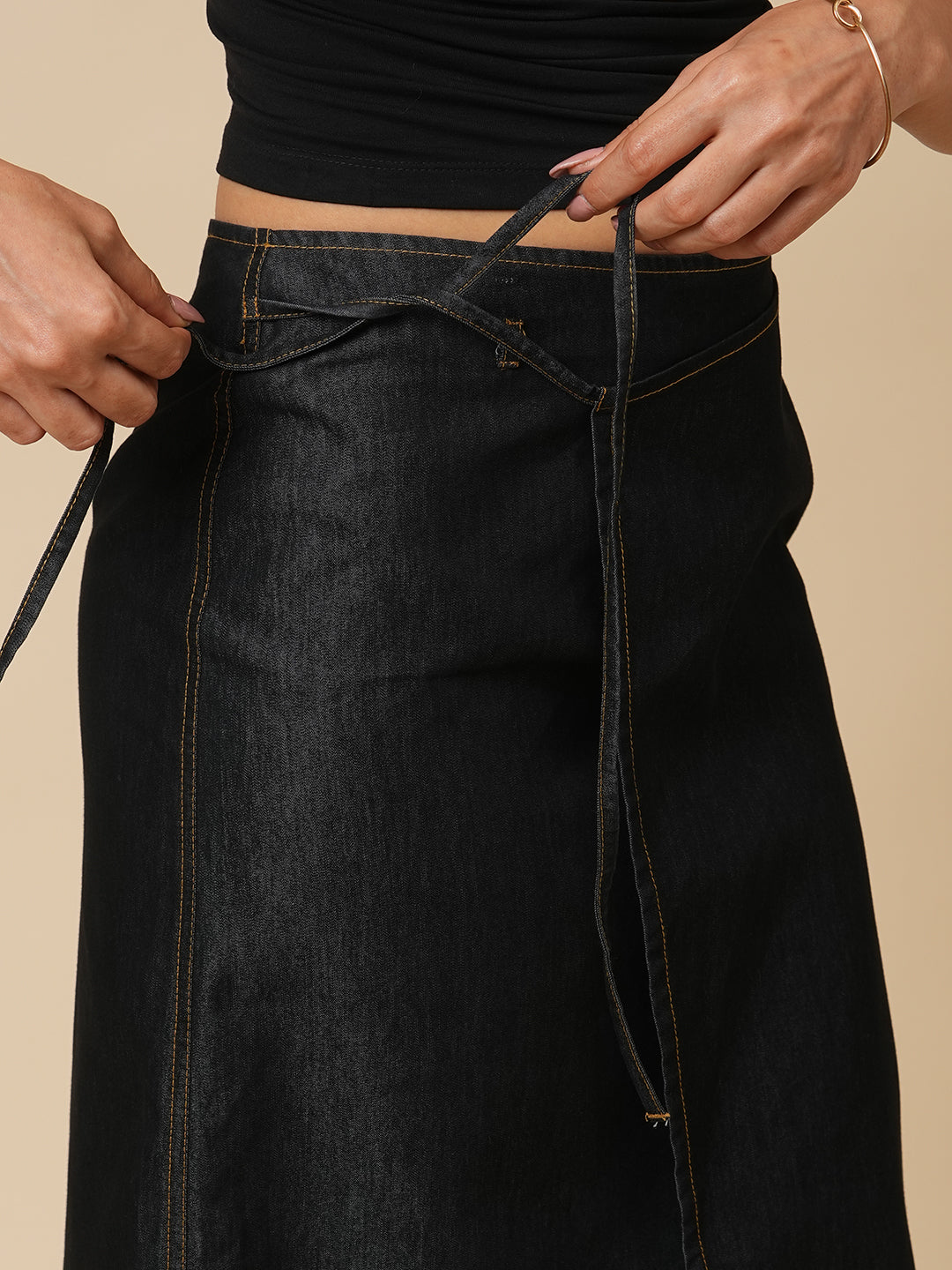 DENIM FAUX WRAP SKIRT