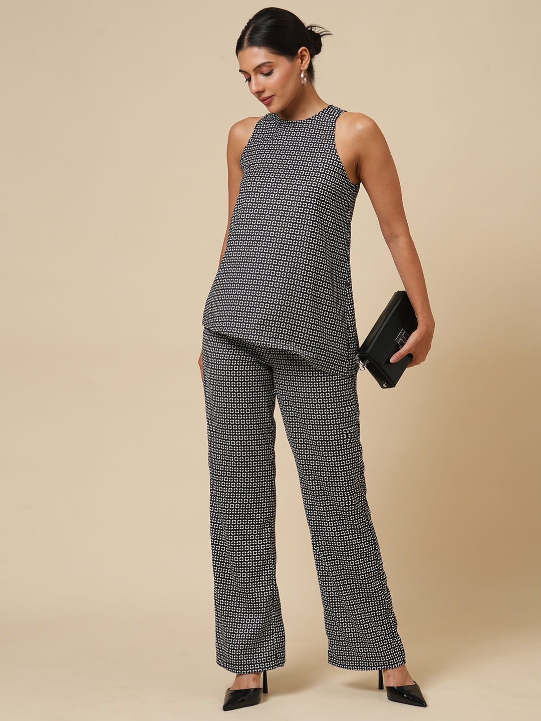 INCUT ASSYMETRICAL TOP & PULL ON PANTS CO-ORD SET