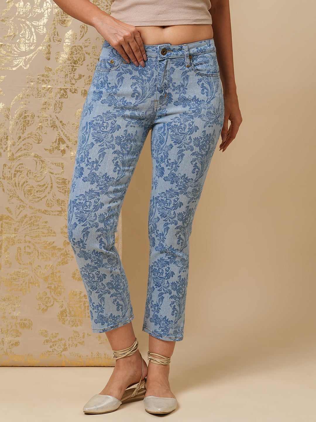 BAROQUE PRINTED DENIM SLIM FIT CROPPED JEANS