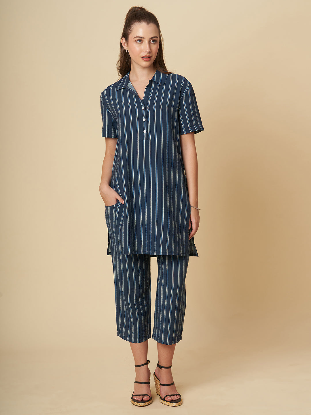 CRUSHED VISCOSE LONGLINE TUNIC & CROPPED PJ CO-ORD SET
