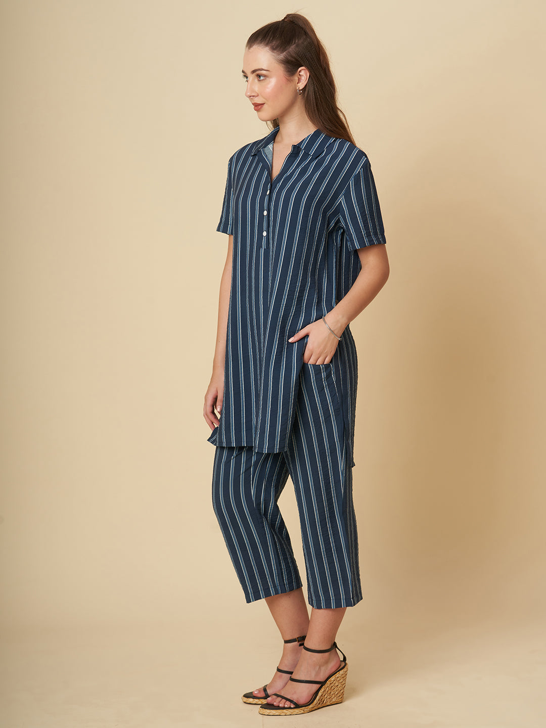 CRUSHED VISCOSE LONGLINE TUNIC & CROPPED PJ CO-ORD SET