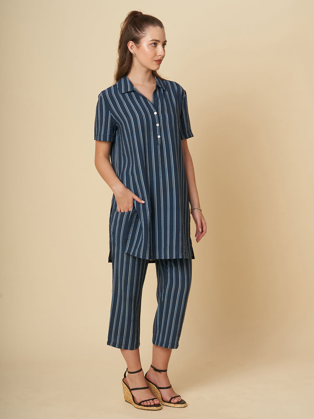CRUSHED VISCOSE LONGLINE TUNIC & CROPPED PJ CO-ORD SET