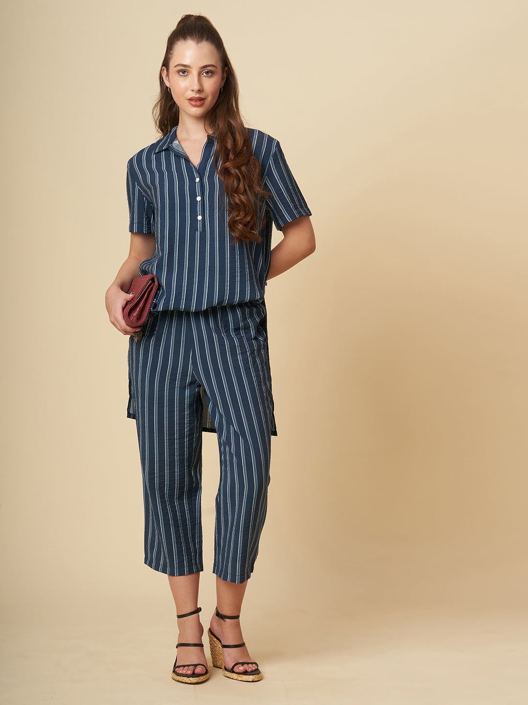 CRUSHED VISCOSE LONGLINE TUNIC & CROPPED PJ CO-ORD SET