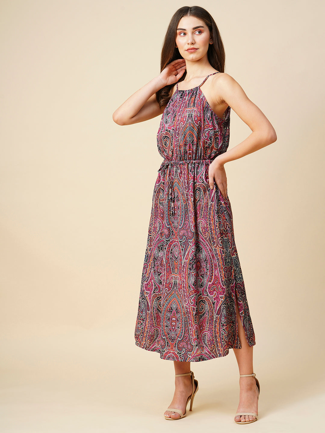 Paisley Printed Satin Halter Dress With Jewelled Tassels