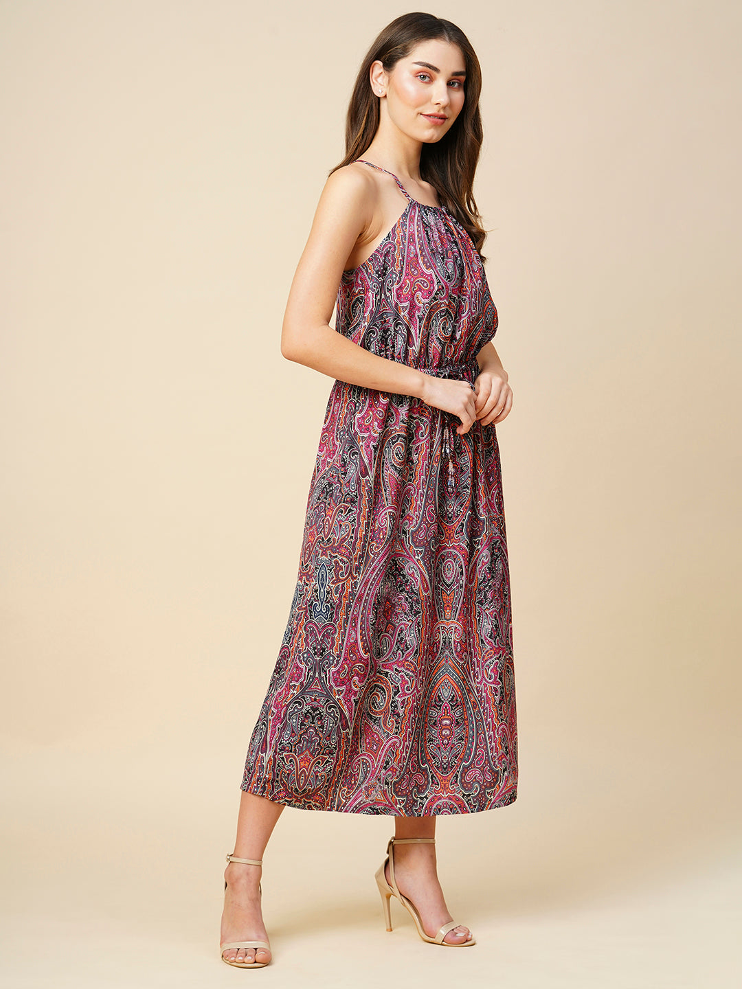 Paisley Printed Satin Halter Dress With Jewelled Tassels