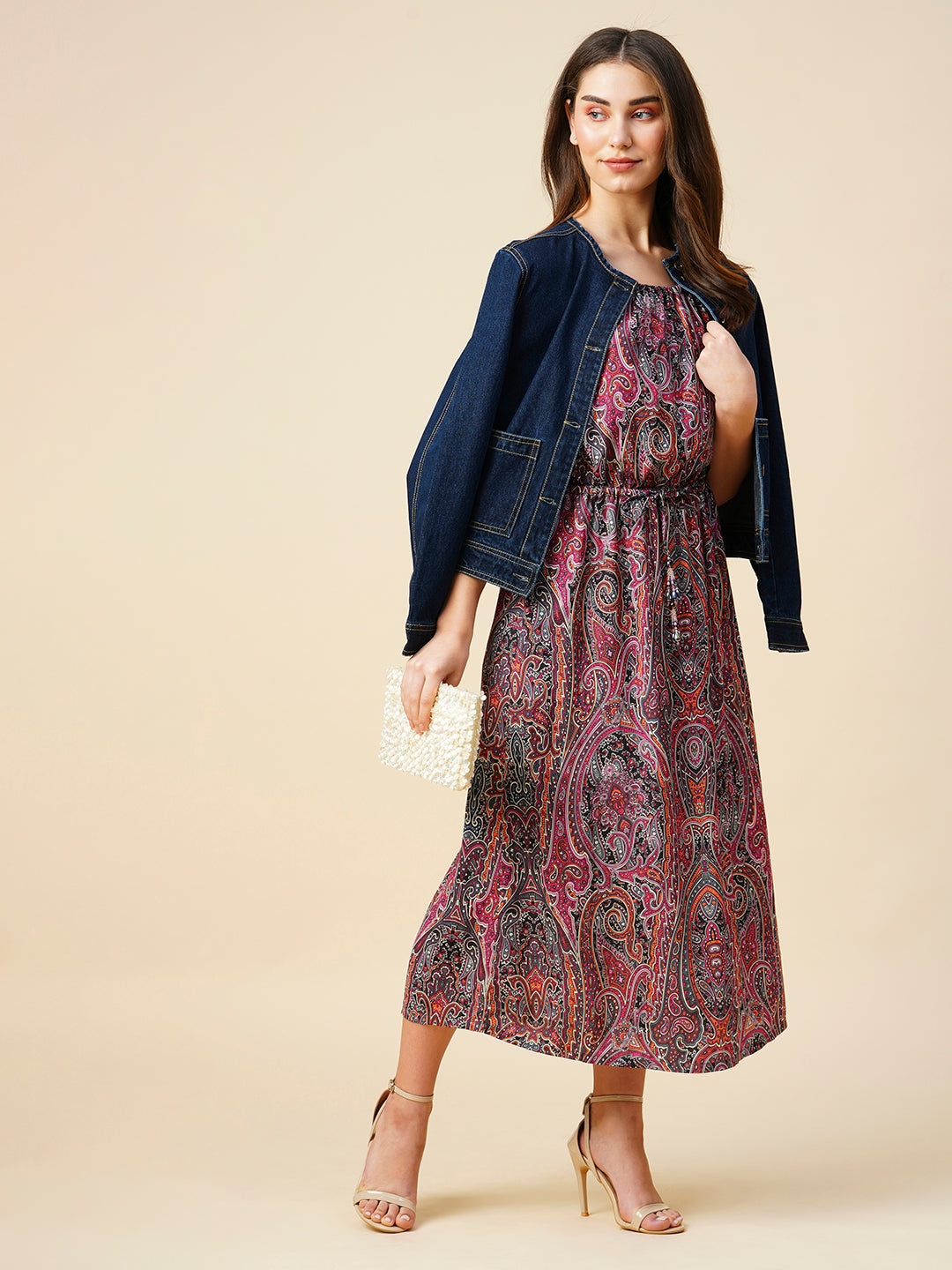 Paisley Printed Satin Halter Dress With Jewelled Tassels