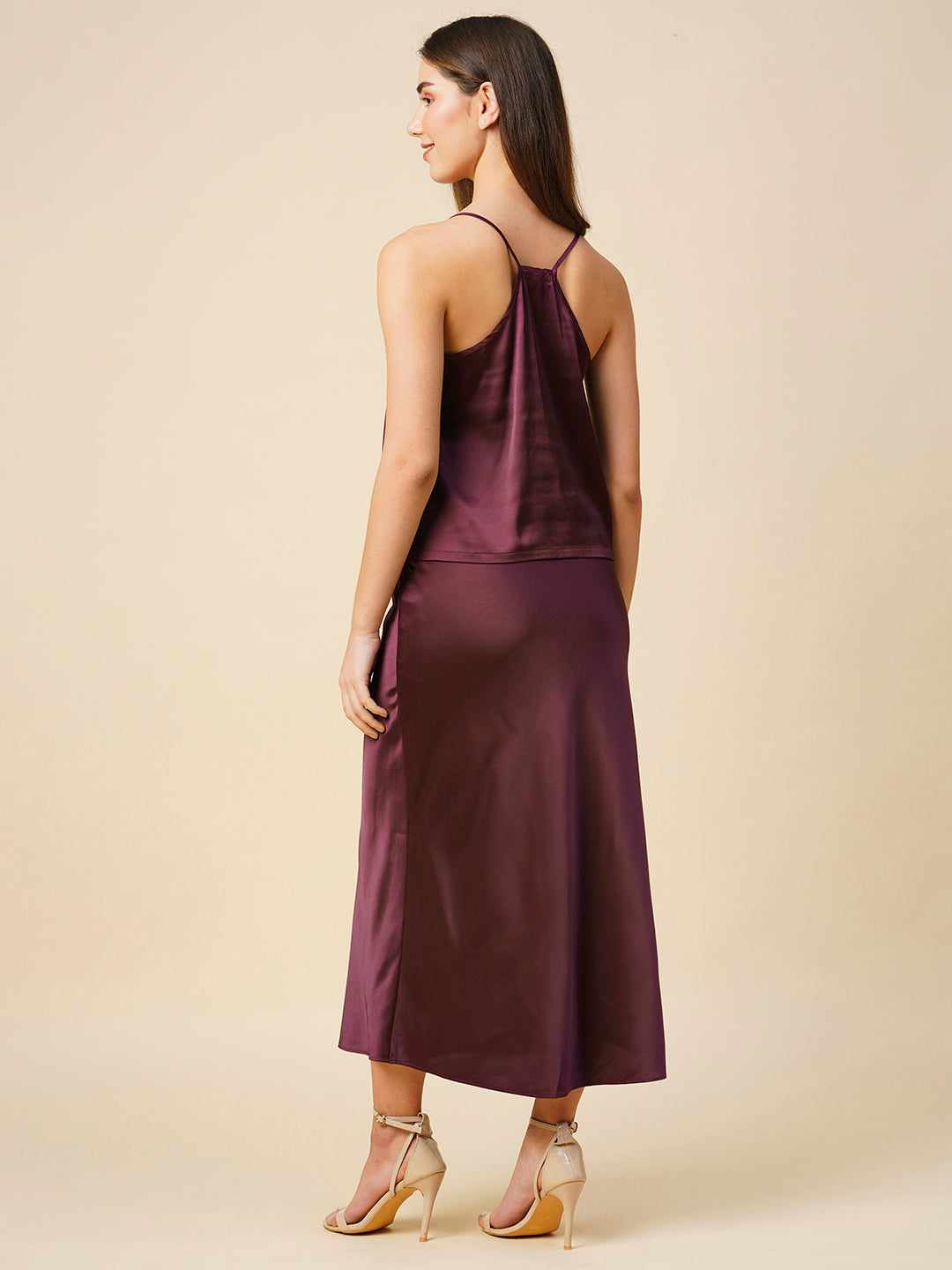 Satin Lycra Cowl Neck Strappy Top & Bias Skirt Co-Ord Set