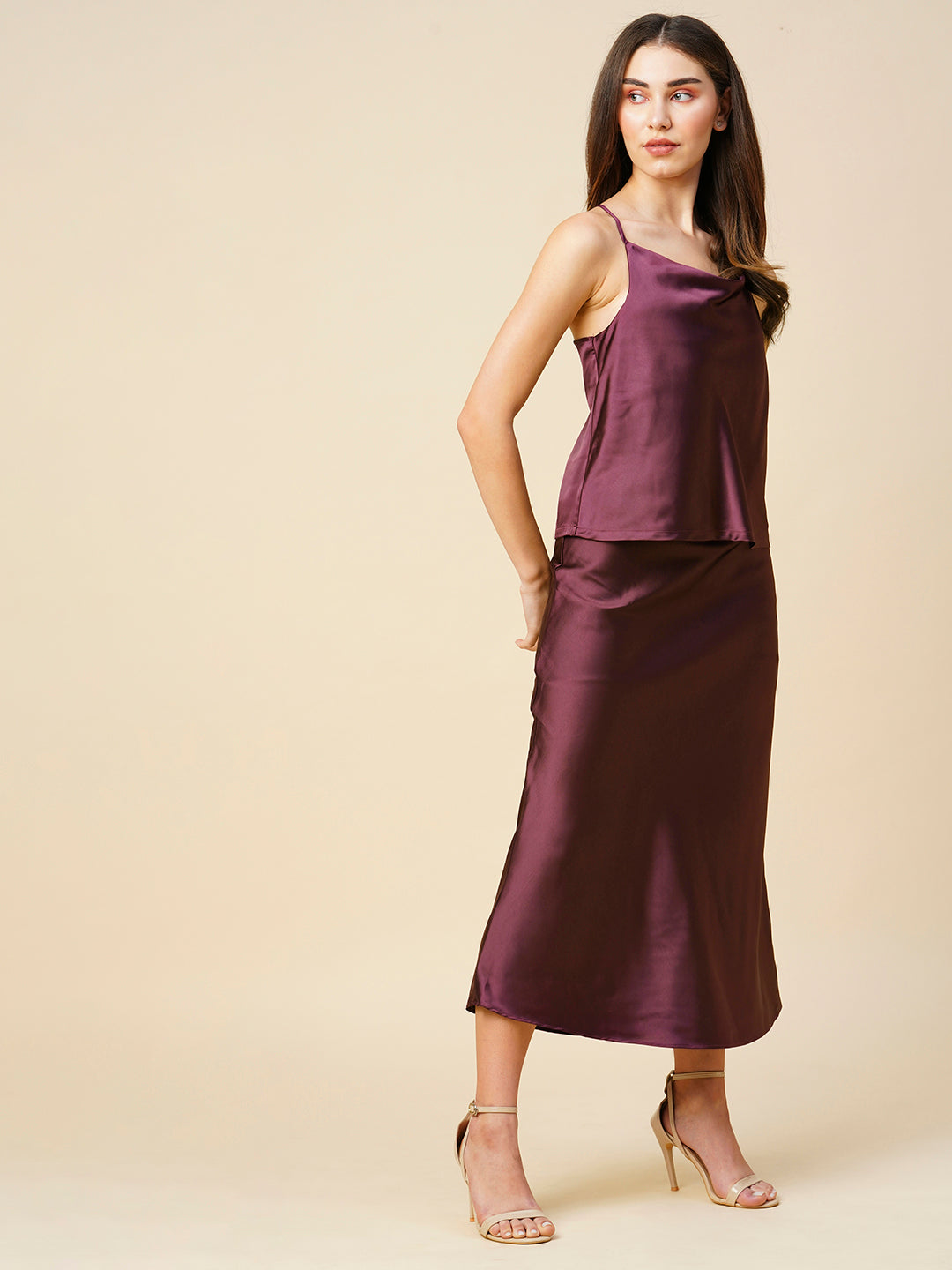 Satin Lycra Cowl Neck Strappy Top & Bias Skirt Co-Ord Set