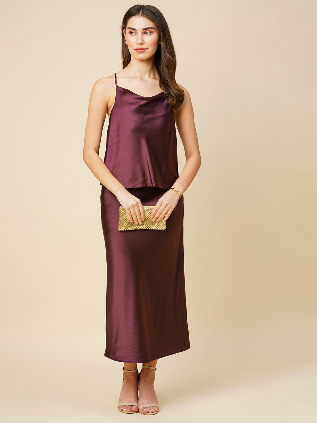 Satin Lycra Cowl Neck Strappy Top & Bias Skirt Co-Ord Set