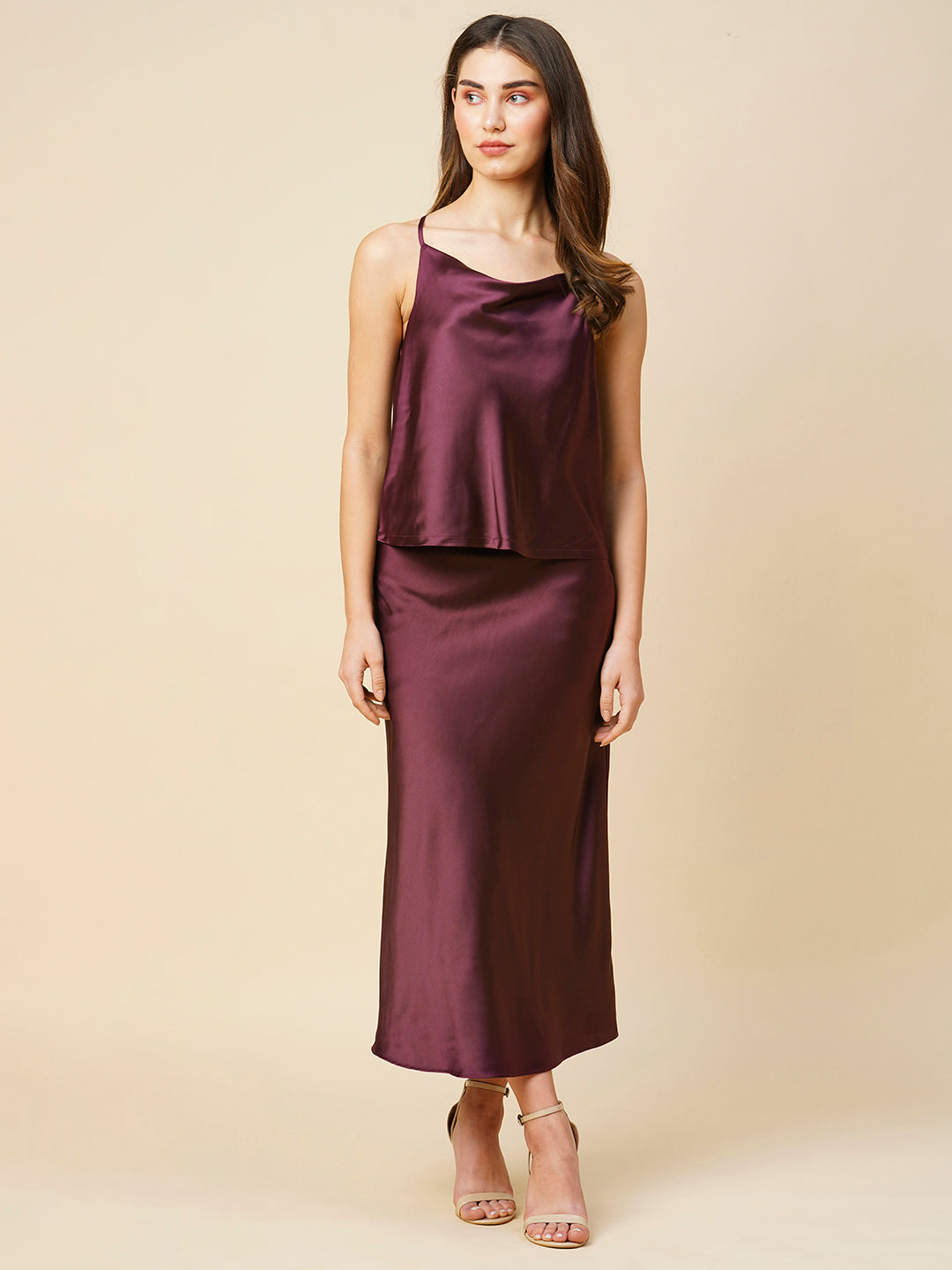 Satin Lycra Cowl Neck Strappy Top & Bias Skirt Co-Ord Set