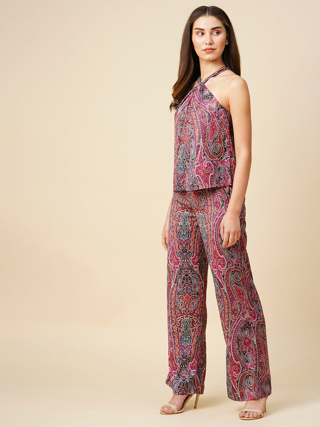 Paisley Printed Satin Halter Top & Wide Leg Co-Ord Set