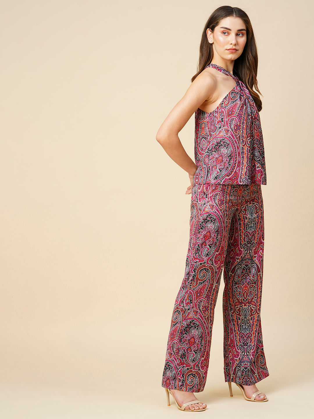 Paisley Printed Satin Halter Top & Wide Leg Co-Ord Set