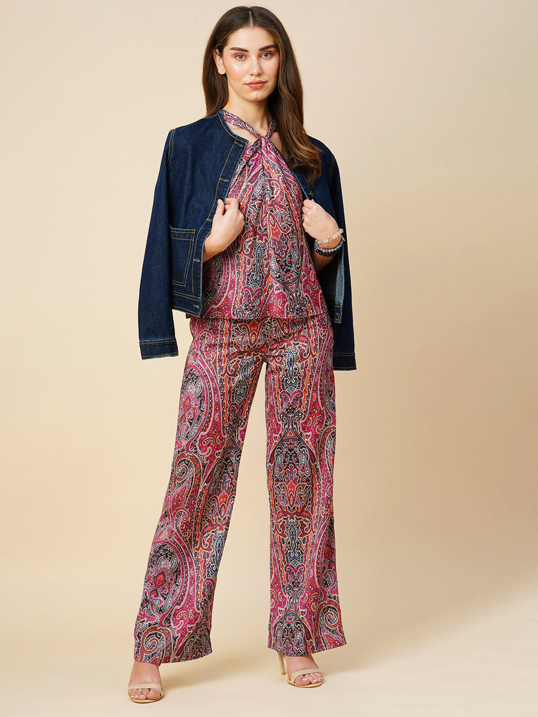 Paisley Printed Satin Halter Top & Wide Leg Co-Ord Set