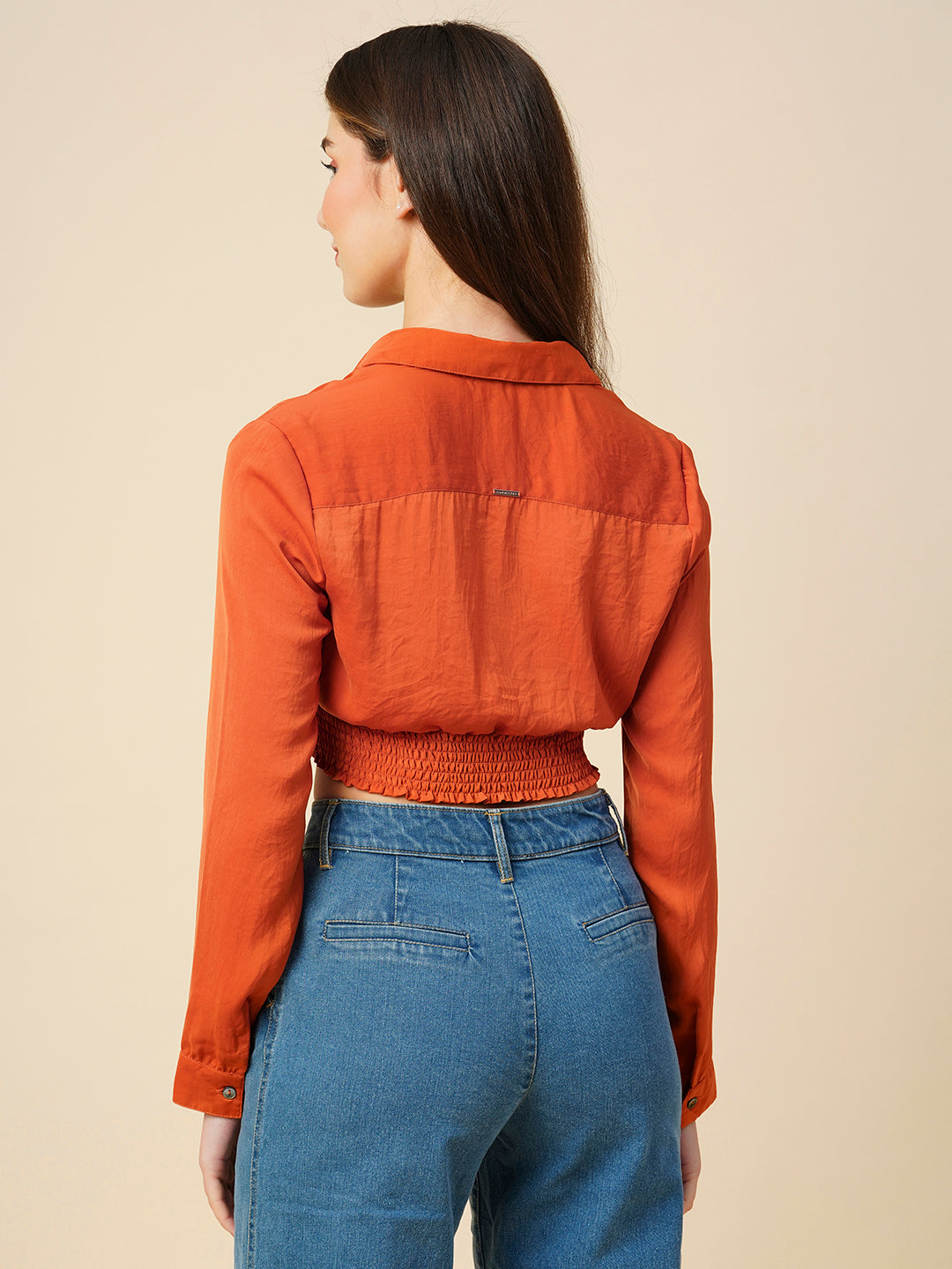 Hammered Satin Pintucked Cropped Shirt