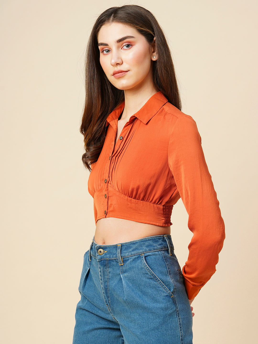 Hammered Satin Pintucked Cropped Shirt