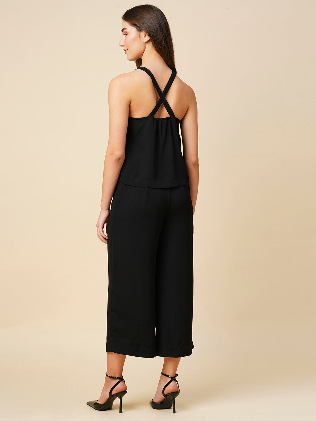 Moss Crepe Embellished Cross Back Top & Cropped Wide Leg Co-Ord Set