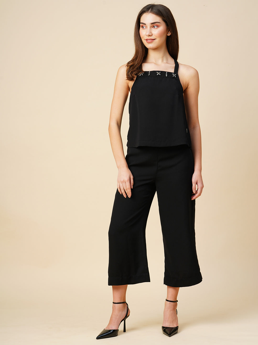 Moss Crepe Embellished Cross Back Top & Cropped Wide Leg Co-Ord Set