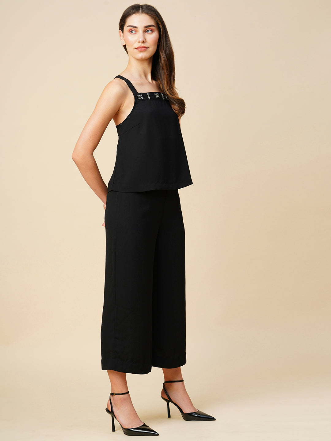 Moss Crepe Embellished Cross Back Top & Cropped Wide Leg Co-Ord Set