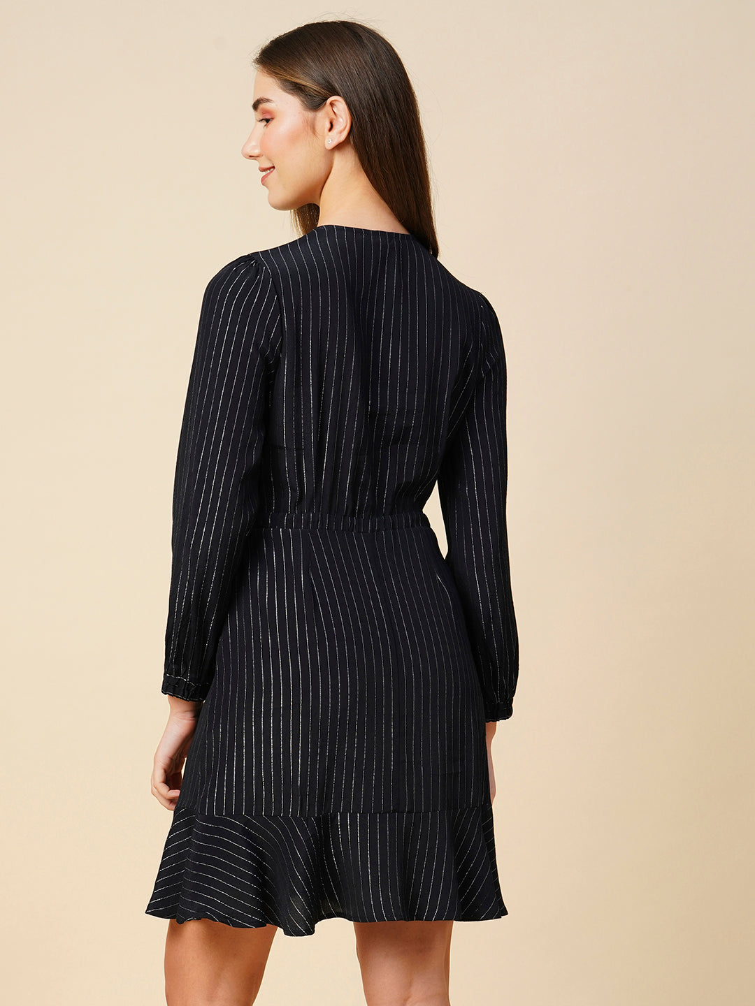 Viscose Crepe Striped Lurex Fit & Peplum Flare Dress
