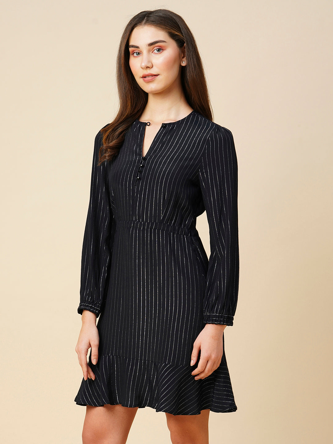 Viscose Crepe Striped Lurex Fit & Peplum Flare Dress